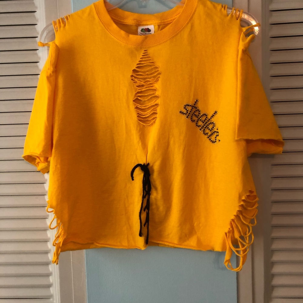 Handmade women’s Steeler shirt with distressed features, black tie, Steeler logo